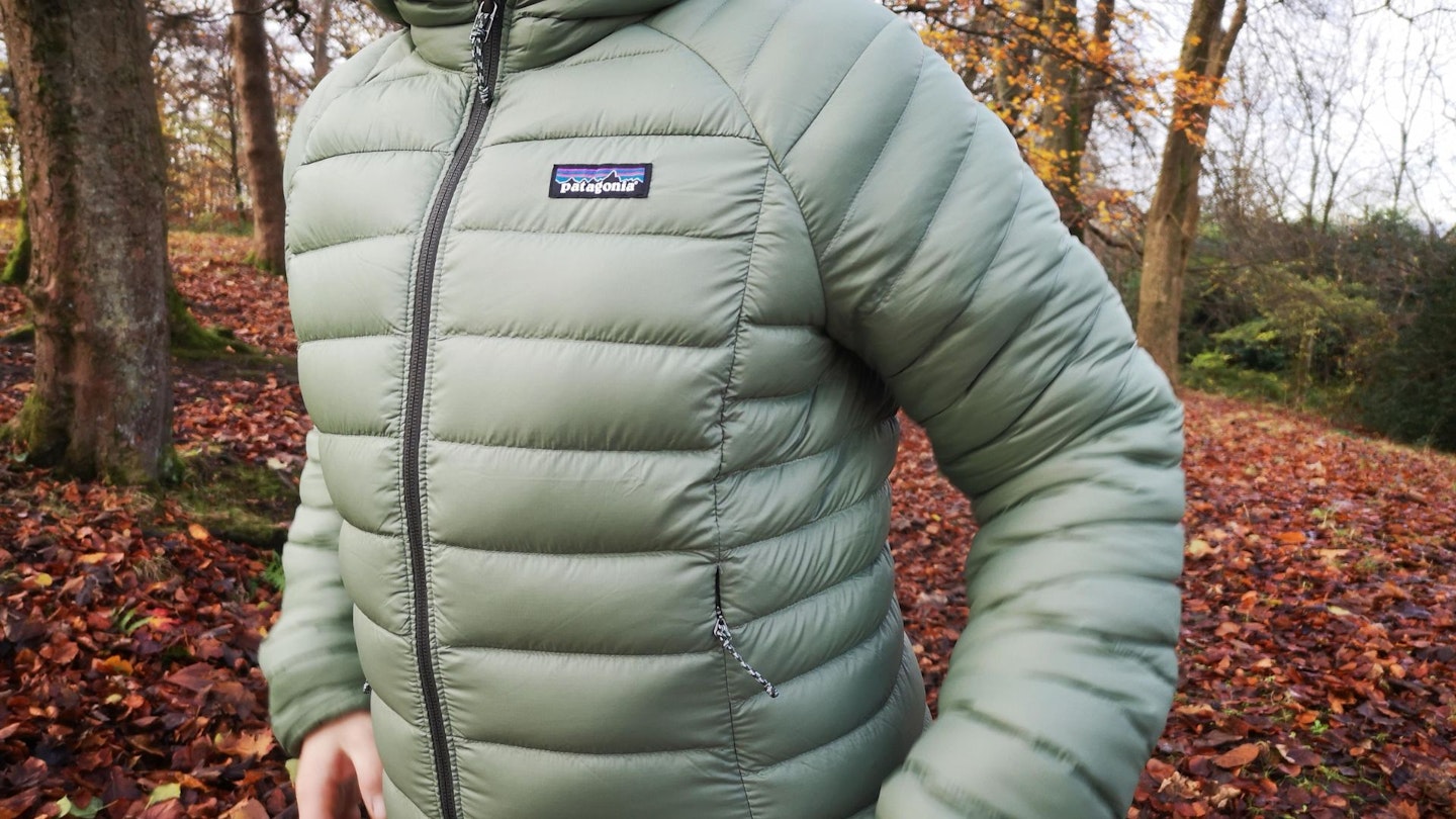 Patagonia Womens Down Sweater Hooded Jacket logo detail