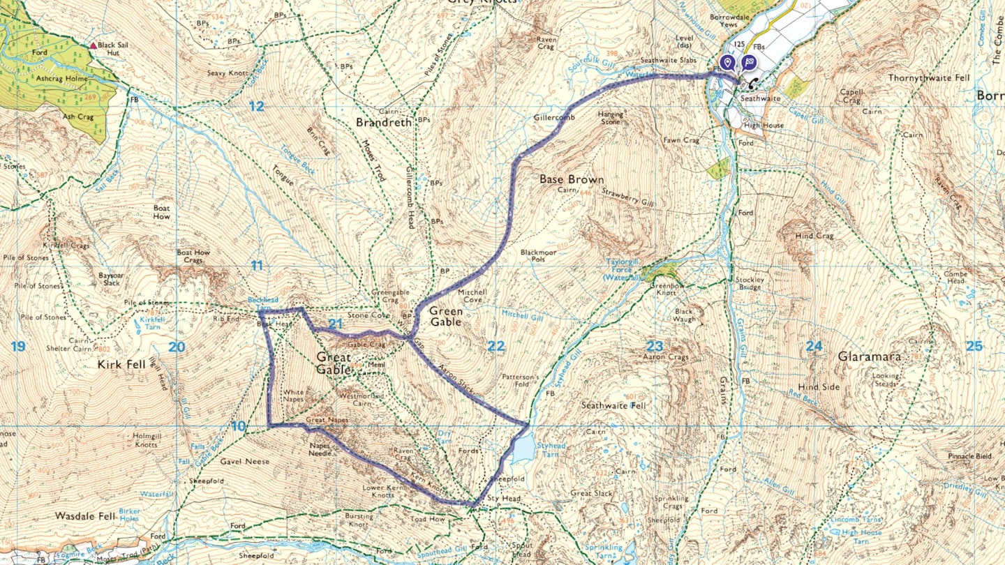 Walking route Map Great Gable Girdle Lake District