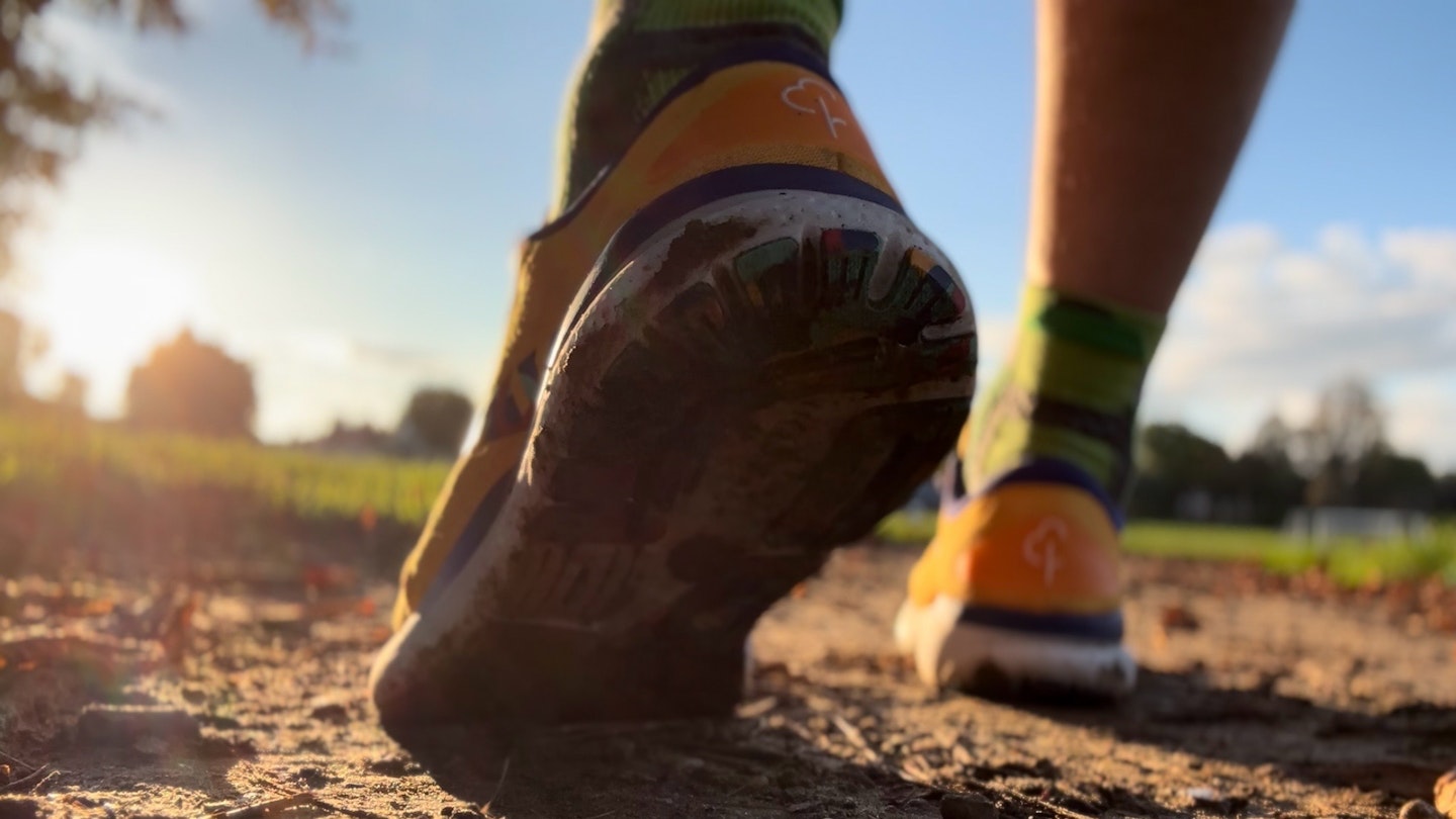 muddy outsole of the Brooks Ghost 16 parkrun edition running shoes