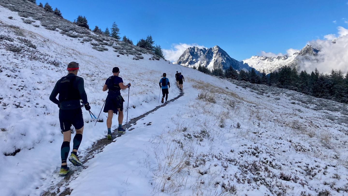 running through snow covered paths