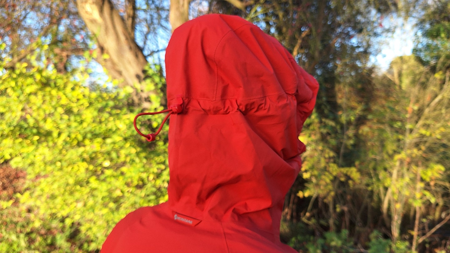 Back of the hood of the Montane Minimus womens waterproof running jacket