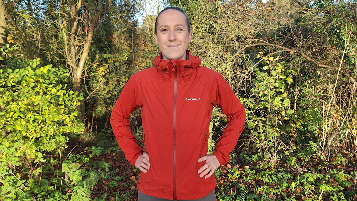 Expert reviewer Lily Canter wearing the Montane Minimus womens waterproof running jacket