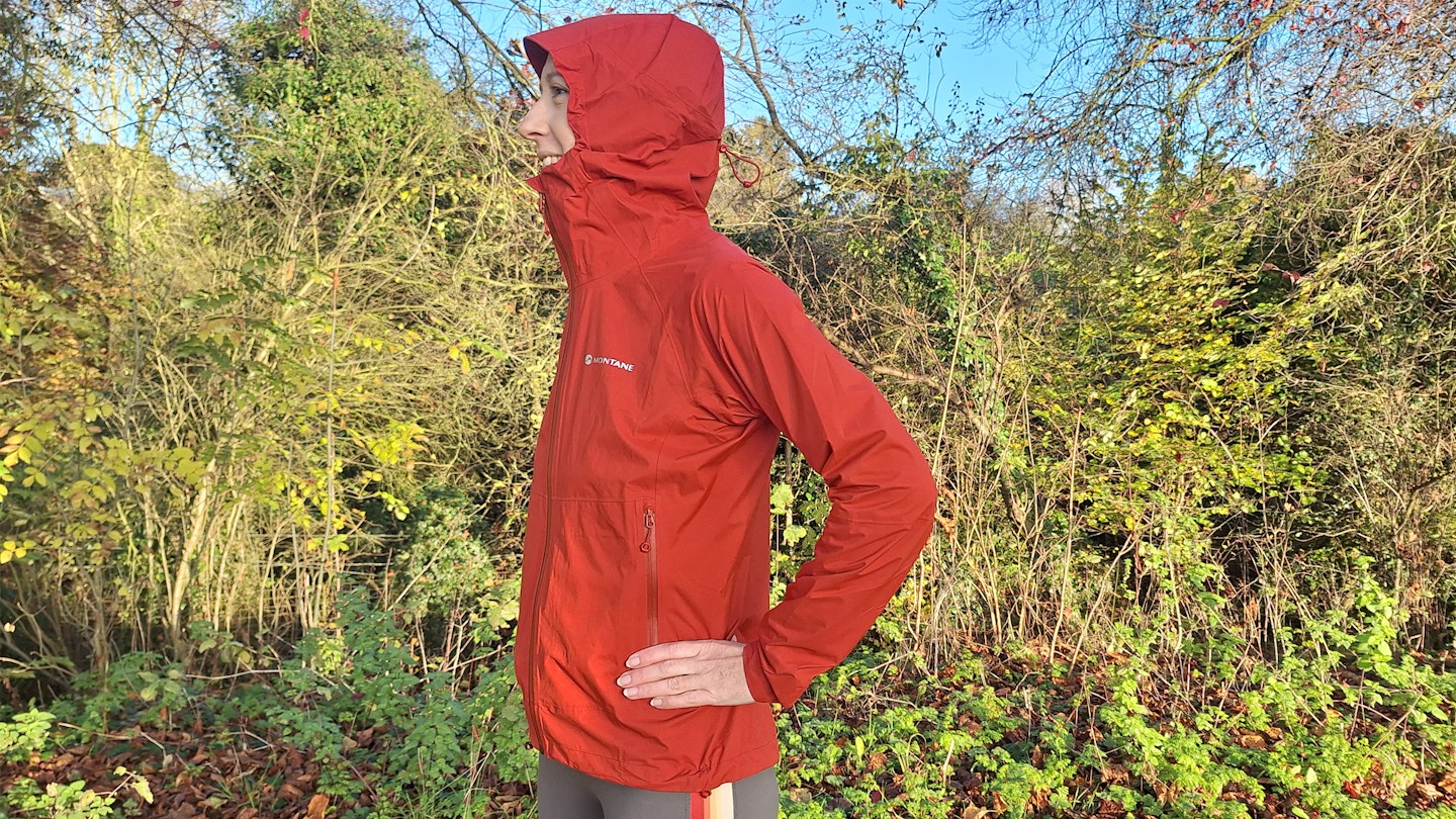 side profile of the Montane Minimus womens waterproof running jacket