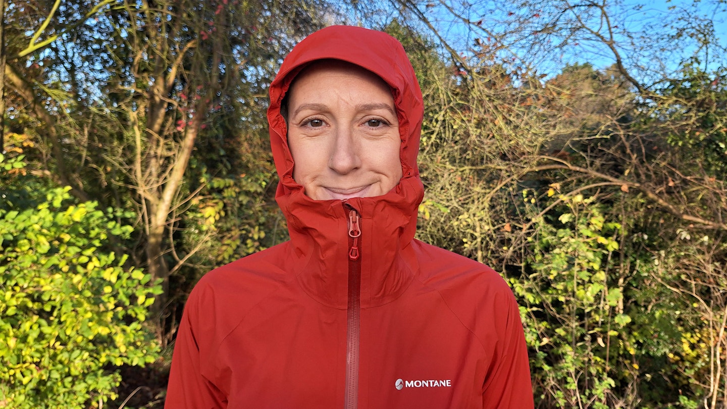 the hood of the Montane Minimus womens waterproof running jacket