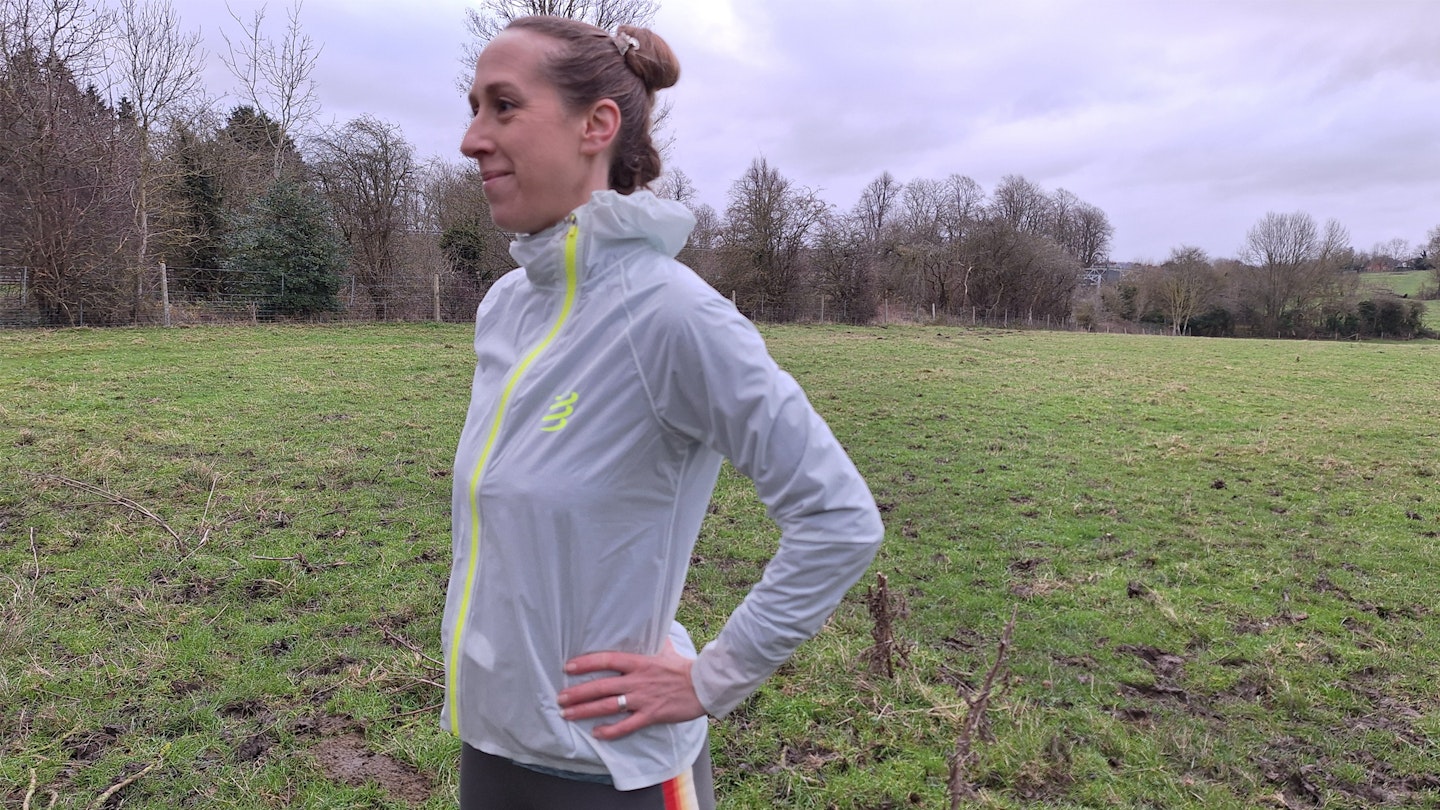 3 quarter angle on the compressport hurricane waterproof running jacket