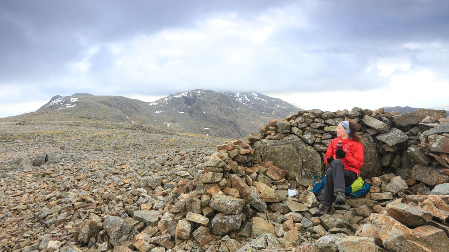 Great End summit with Scafell Pike beyond, Lake District