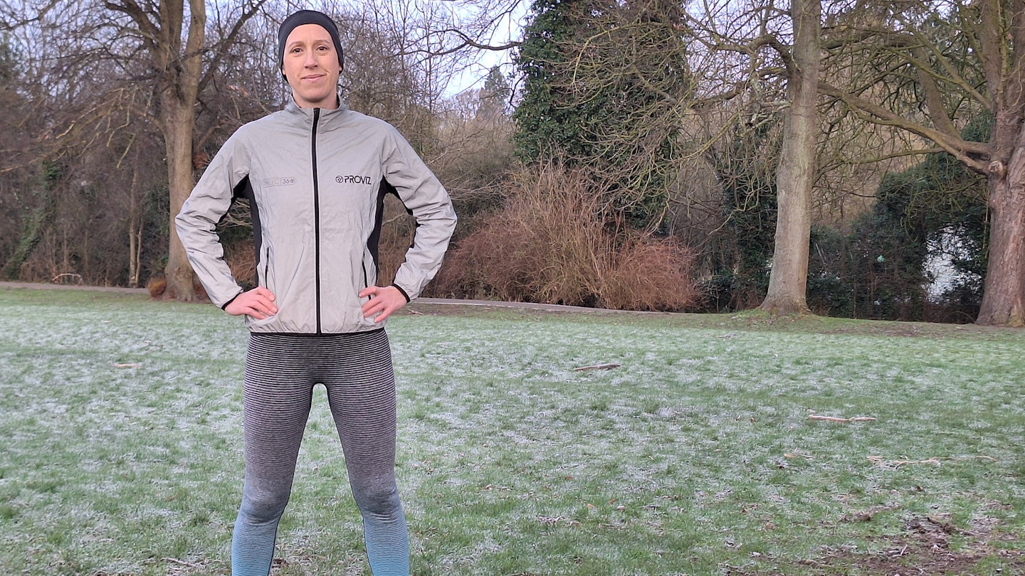 Lily wearing the Provis Reflect360 waterproof running jacket