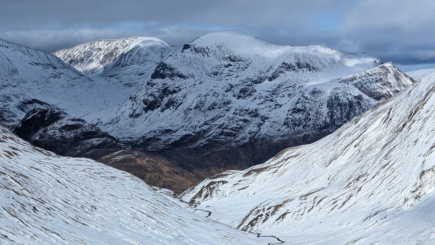 looking out along Coire a Mhail towards Aonach Mor and Aonach Beag