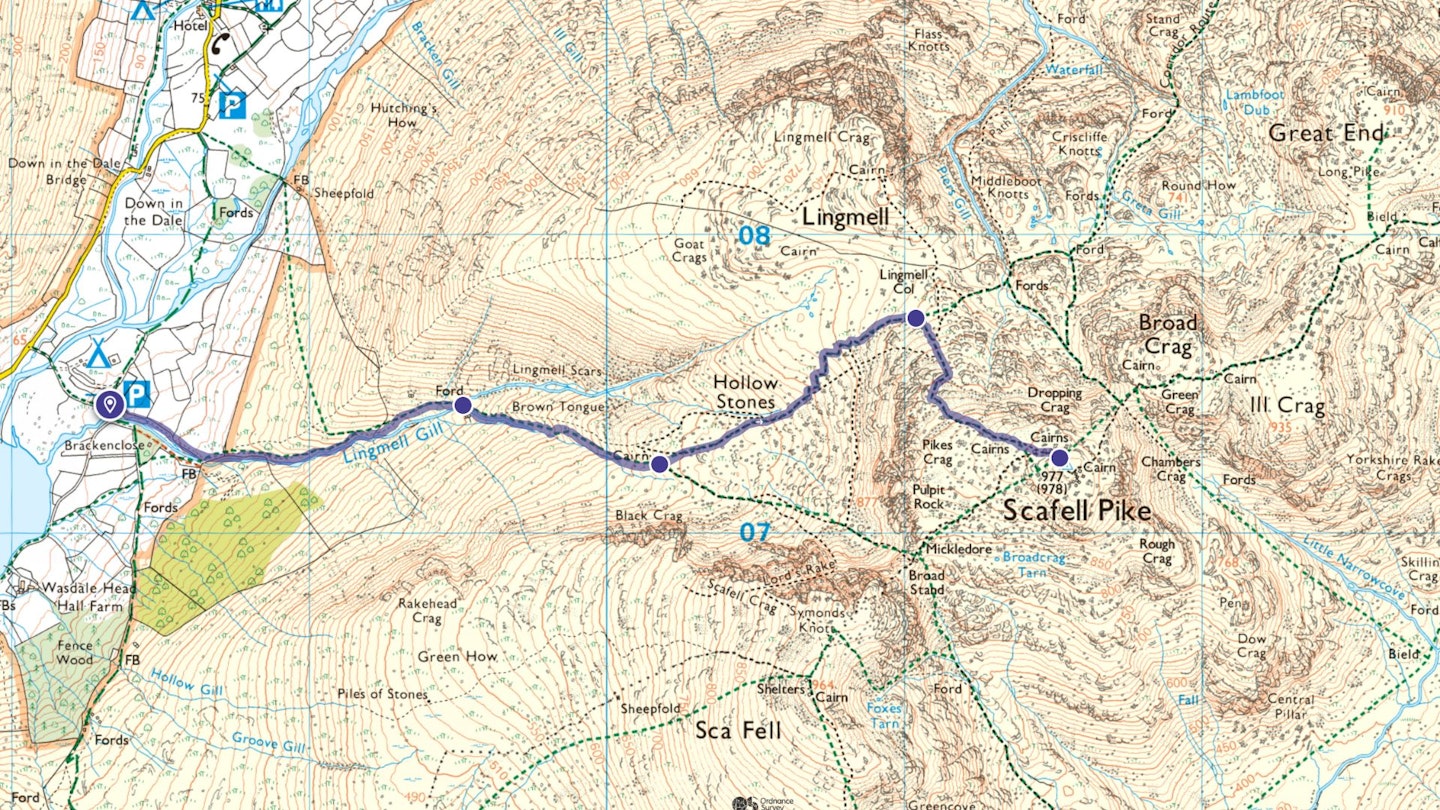 Scafell Pike Hollow Stones route map