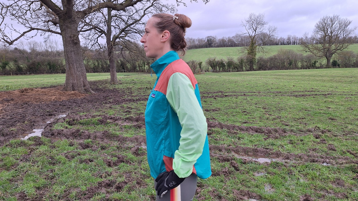 Side profile of the Patagonia Houdini Stash running jacket