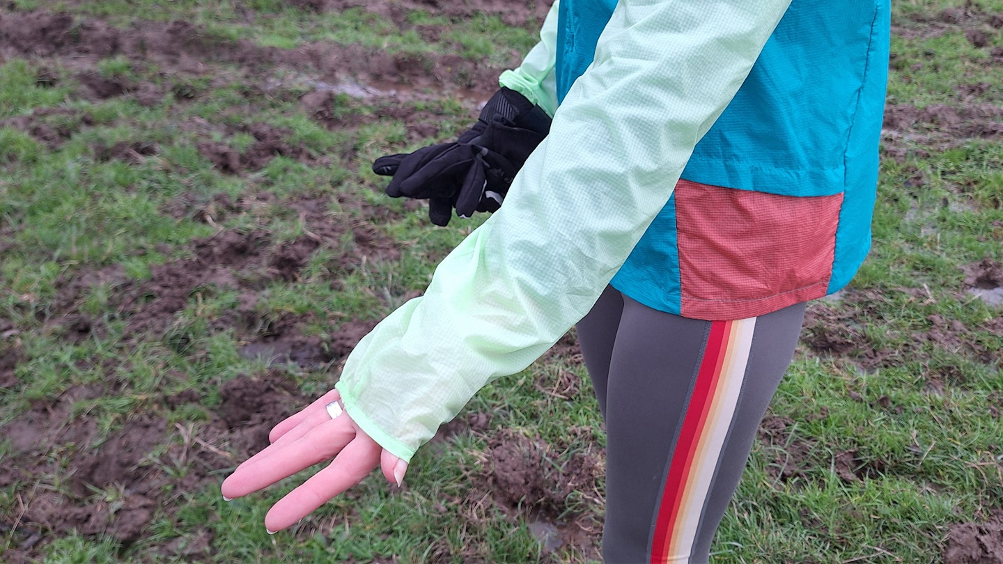 Sleeves of the Patagonia Houdini Stash running jacket