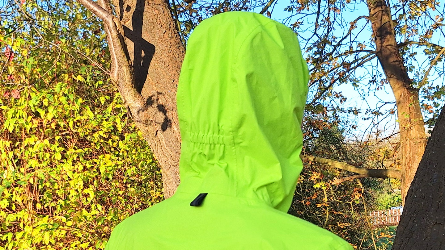 back hood of the Janji Rainrunner waterproof jacket