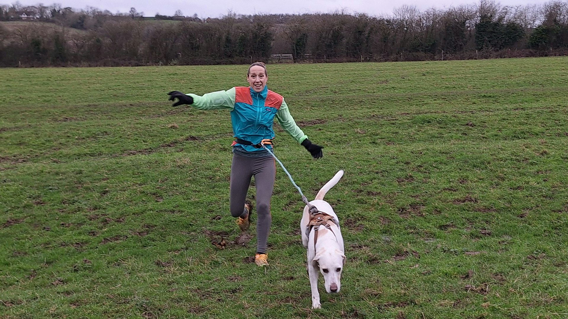 running with a dog wearing the Patagonia Houdini Stash running jacket