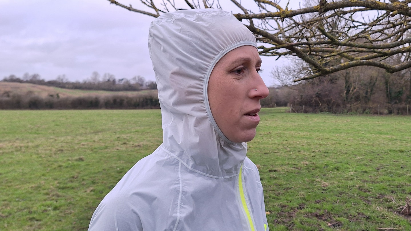 the full hood on the compressport hurricane waterproof running jacket