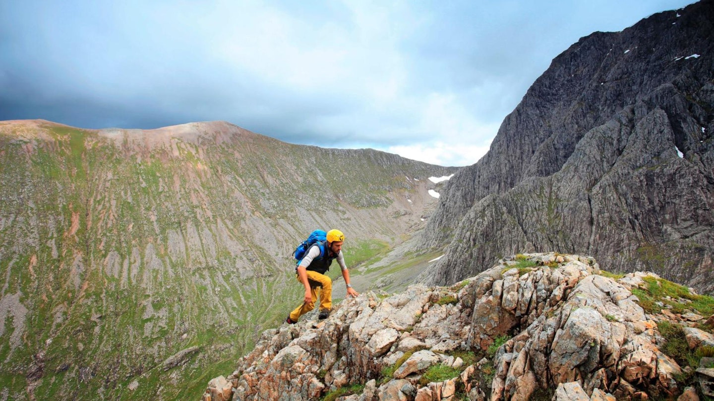 Hiker with helmnet on Ben Nevis Ledge Route