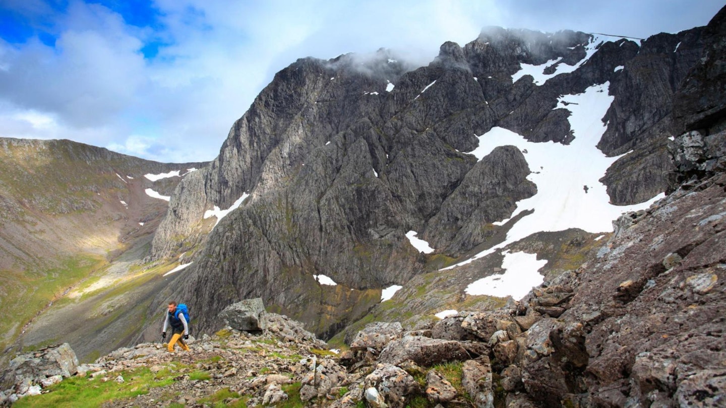 Hiker on Ben Nevis North Face and Ledge Route