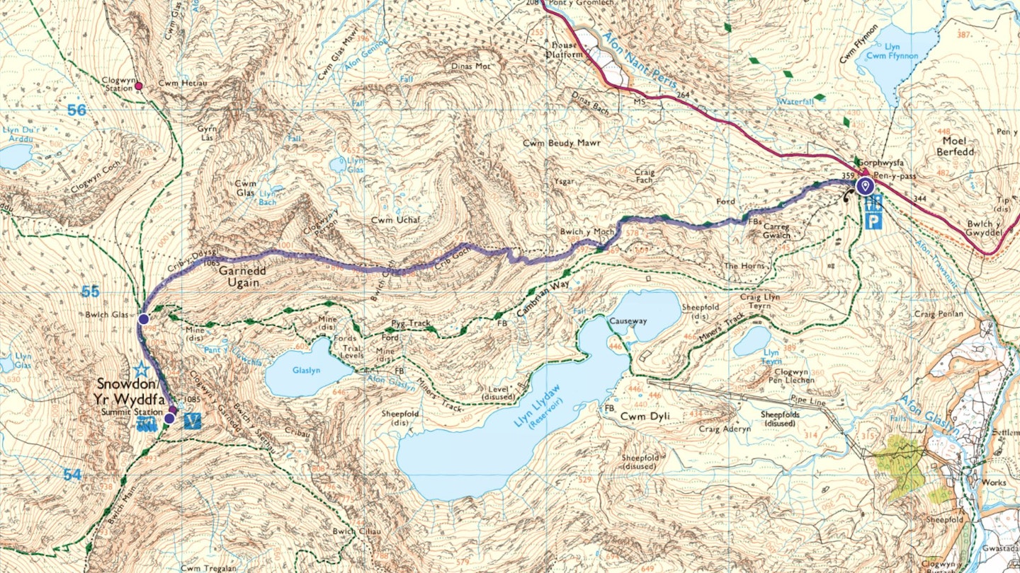 Pyg Track route map Snowdon