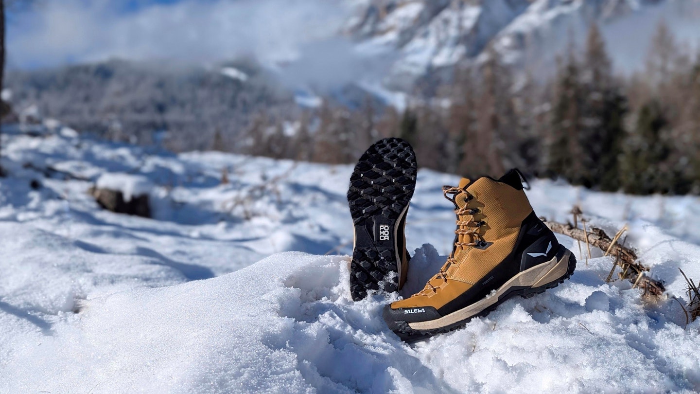 Salewa Puez Winter Mid PTX boots in the snow 4