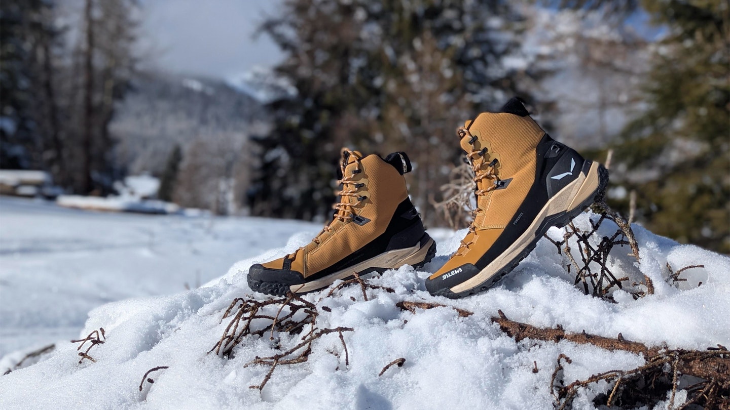 Salewa Puez Winter Mid PTX boots in the snow