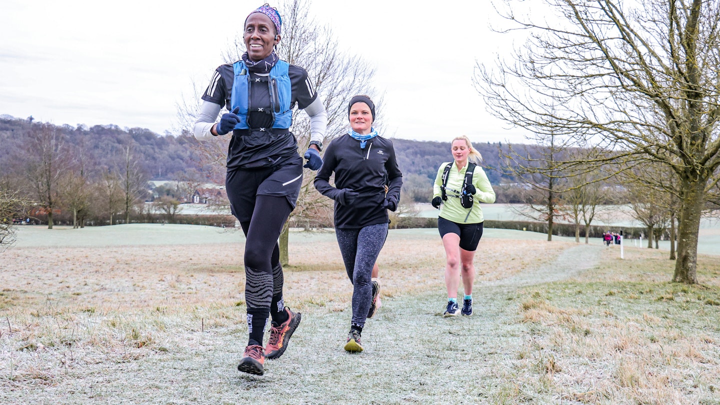 Three trail runners on a frosty run