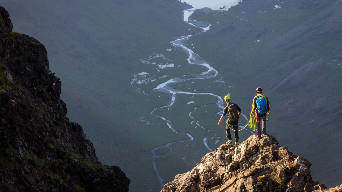 Two climbers short roping on Cuillin Ridge Skye