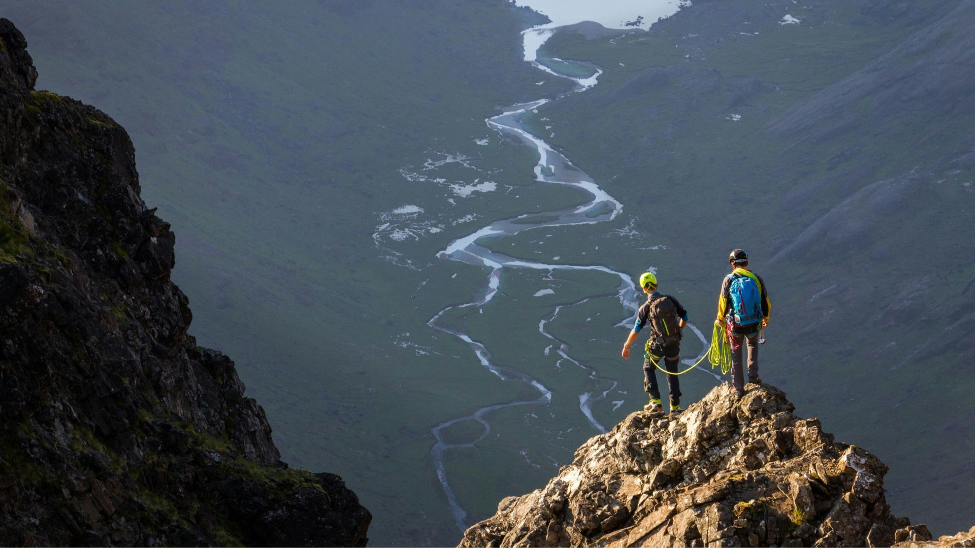 Two climbers short roping on Cuillin Ridge Skye