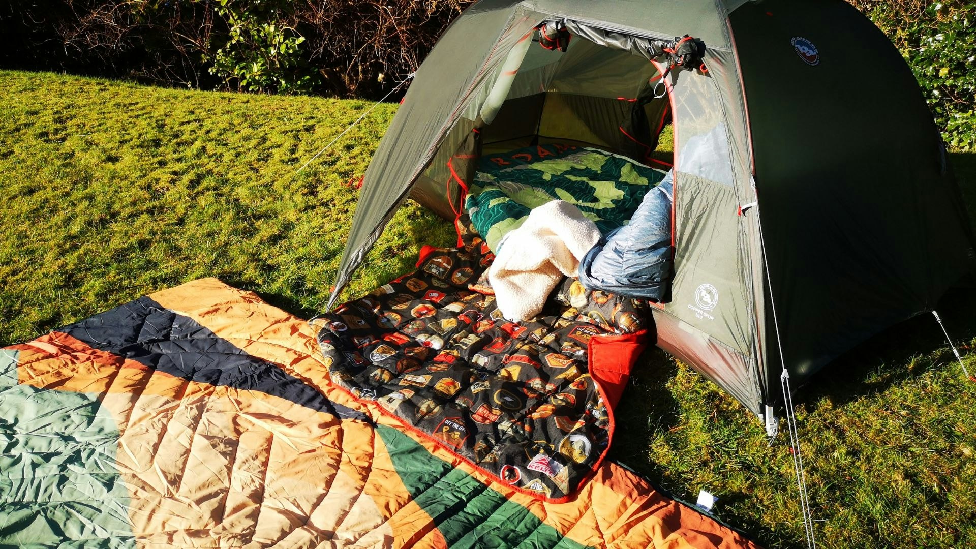 Camping blankets spread out