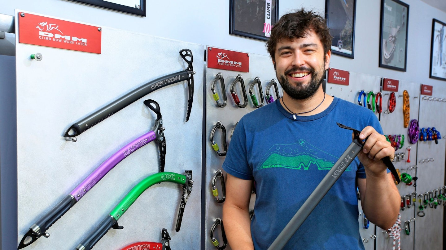DMM ice axe designer holding an axe