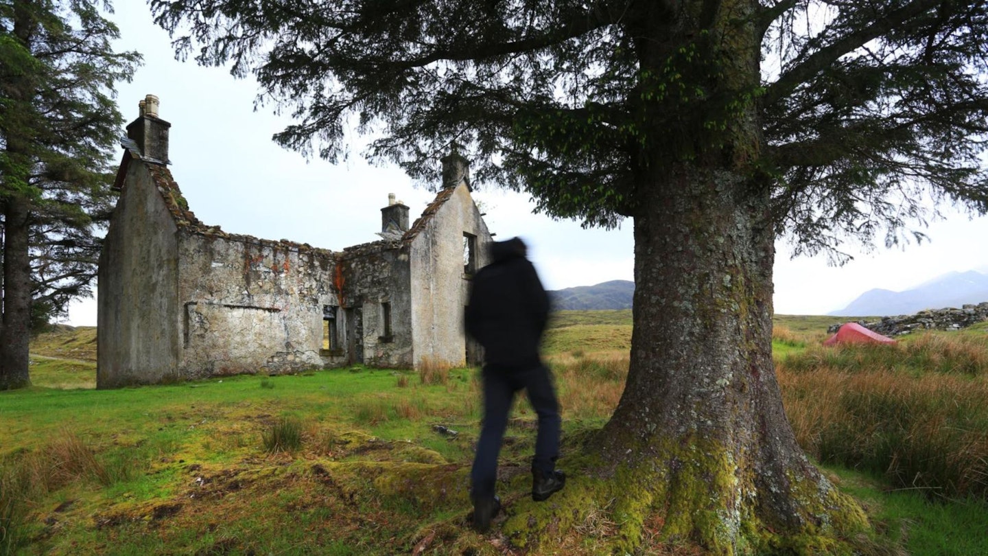 Ghostly figure in front of Luibeilt Lodge, Mamore Forest