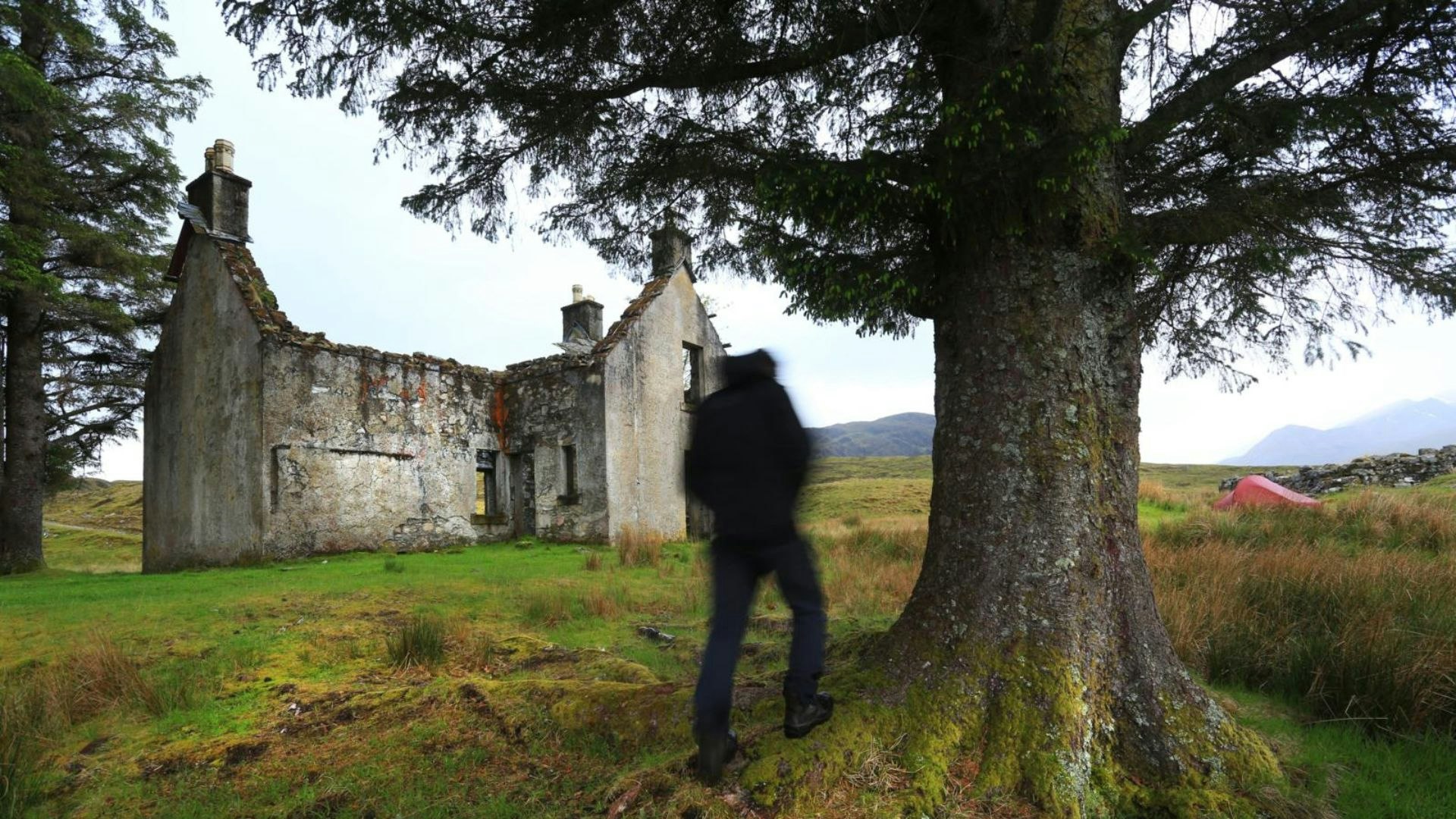 Ghostly figure in front of Luibeilt Lodge, Mamore Forest