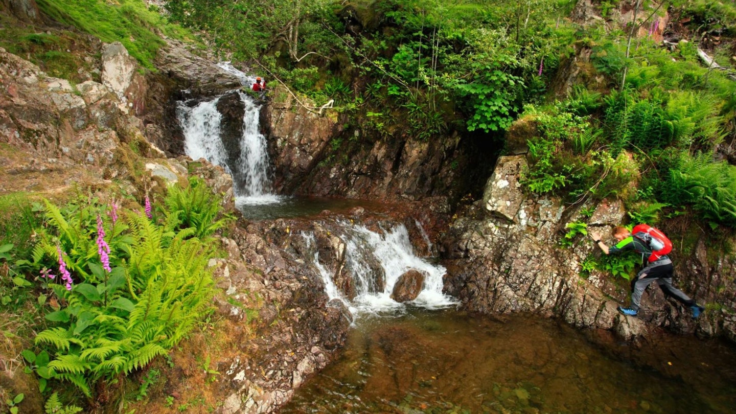Double waterfall on Stickle Ghyll Scramble Langdale Lake District