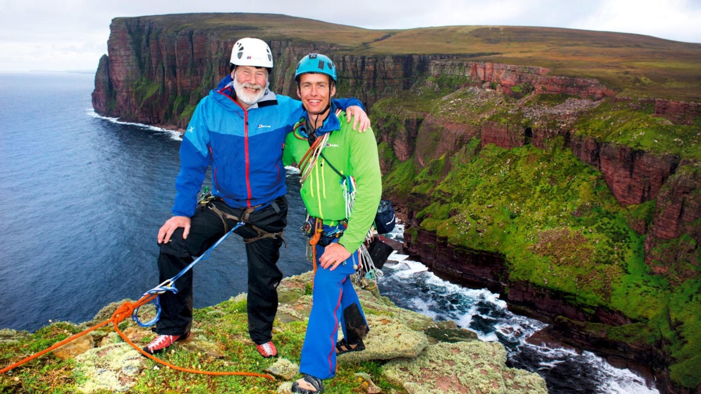 British climbing legends Leo Houding and Chris Bonington after climbing the Old Man of Hoy