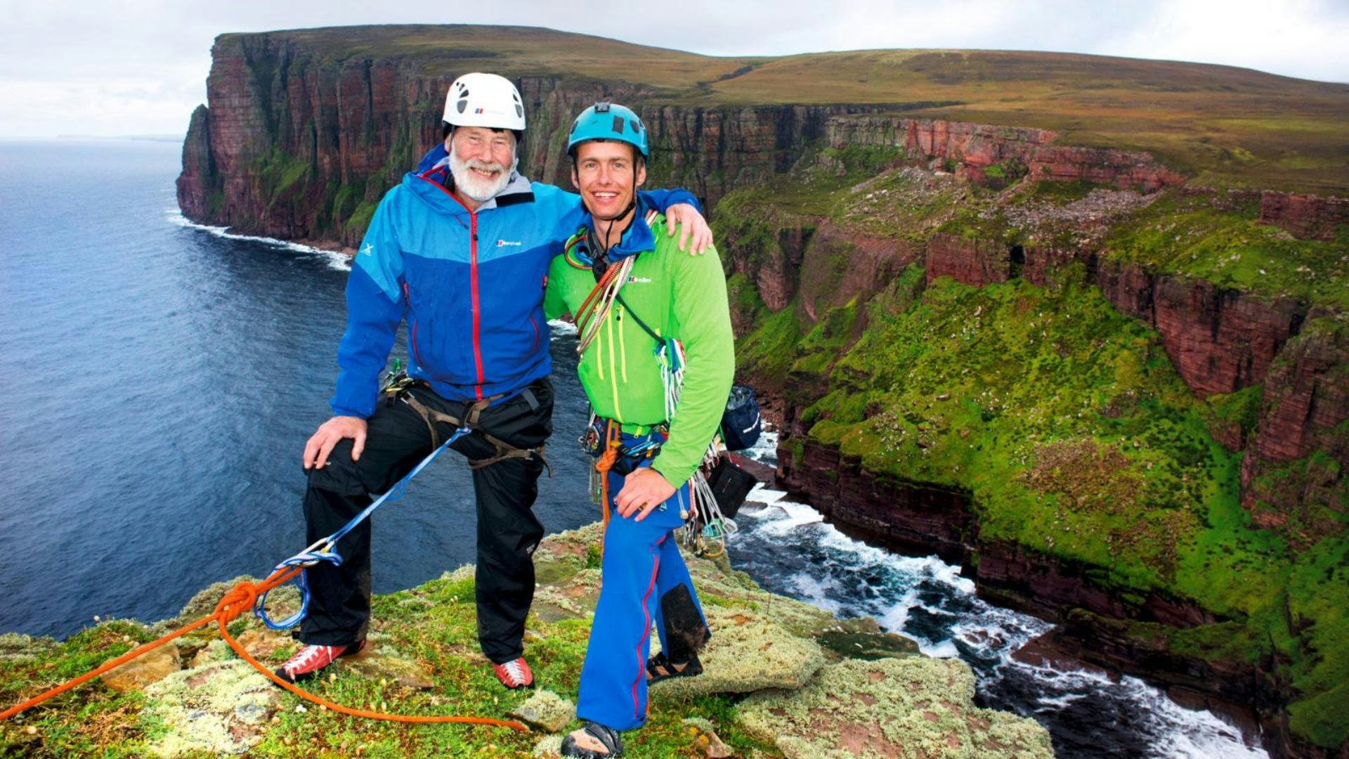 British climbing legends Leo Houding and Chris Bonington after climbing the Old Man of Hoy
