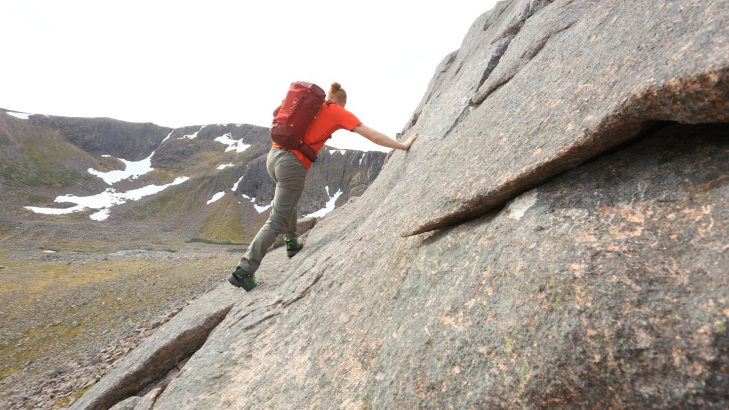 Climbing the first bit of the Fiacaill ridge scamble looking into Coire an tSneachda
