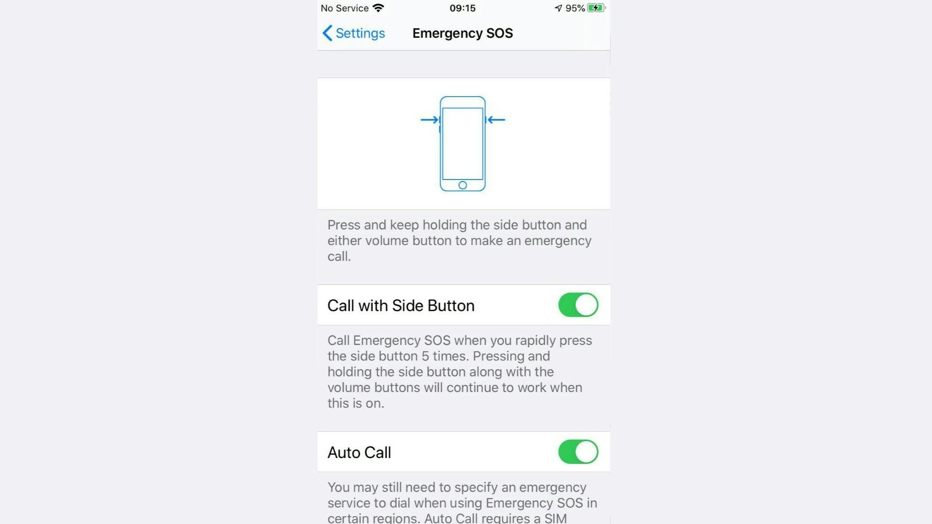 Settings in an iPhone showing how to make an emergency call