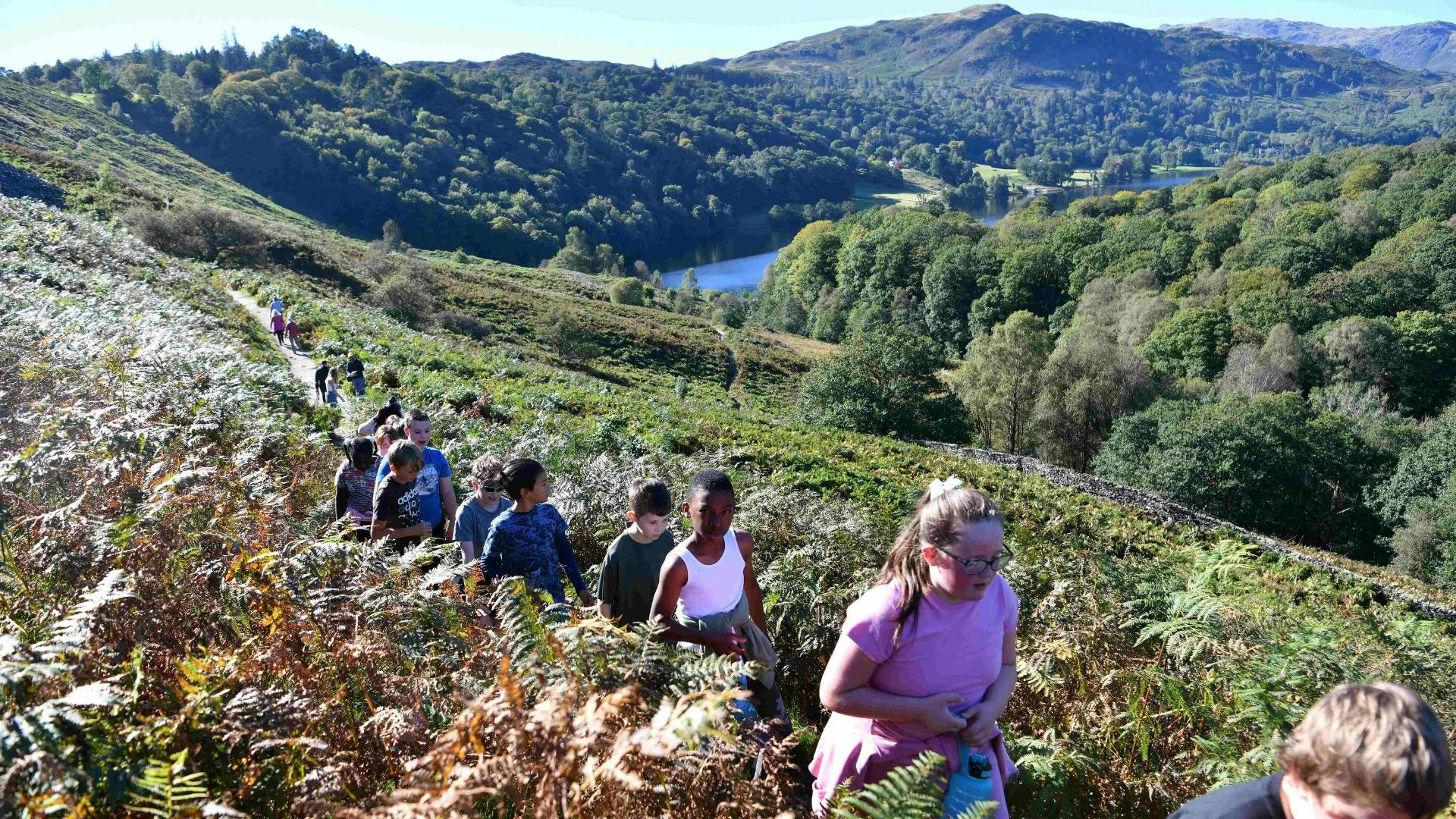 Kids walking in the outdoors on a school trip