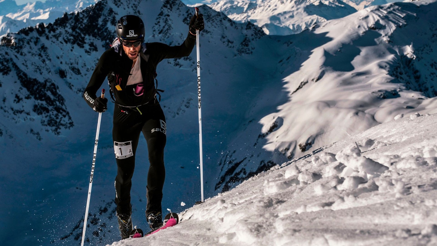 Kilian Jornet skiing in the mountains
