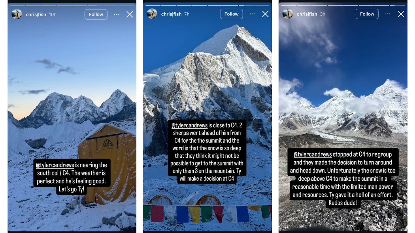 Updates on Tyler Andrews' Everest record attempt posted on Instagram