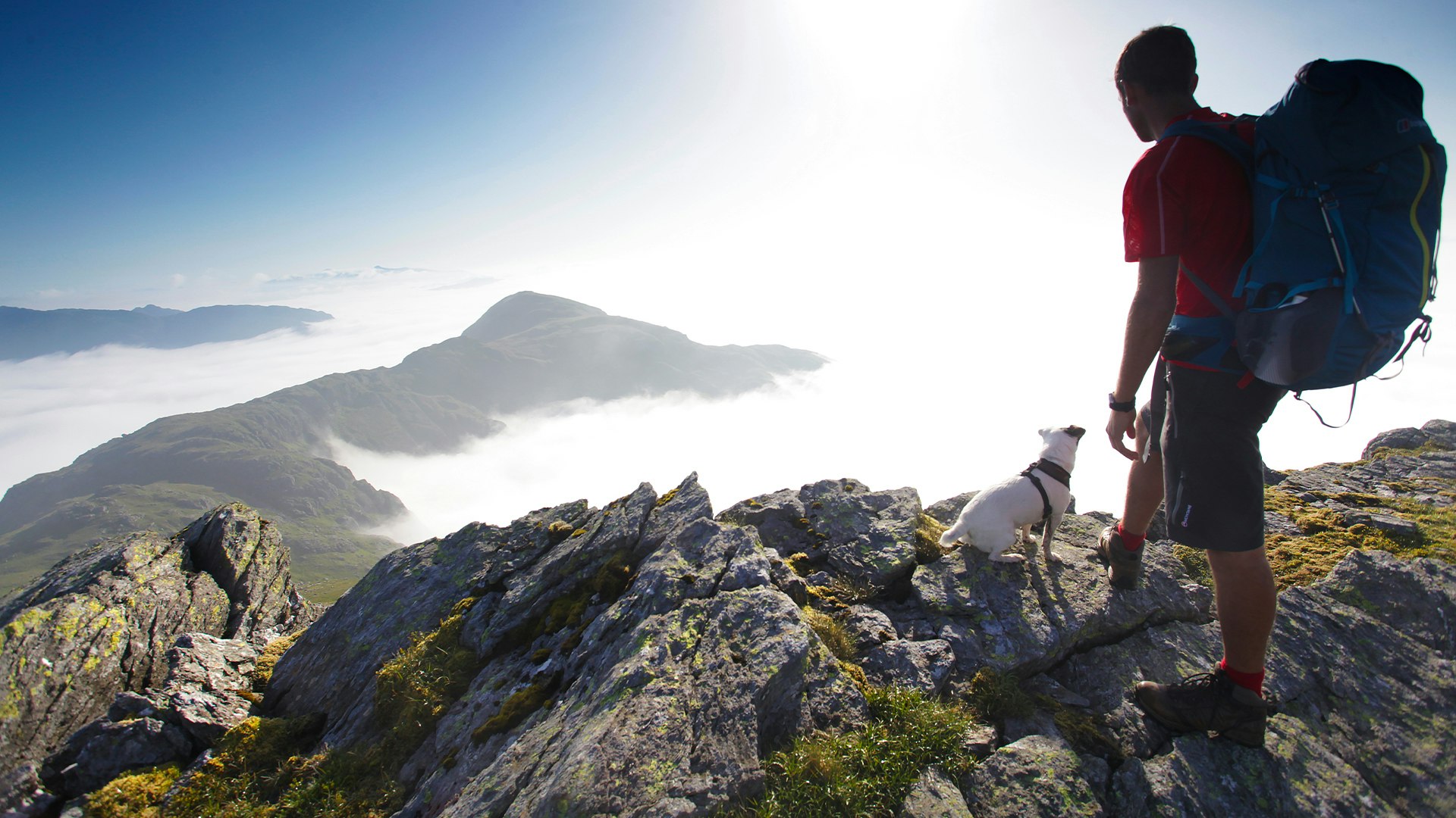 Oli with his dog looking like heroes over the clouds