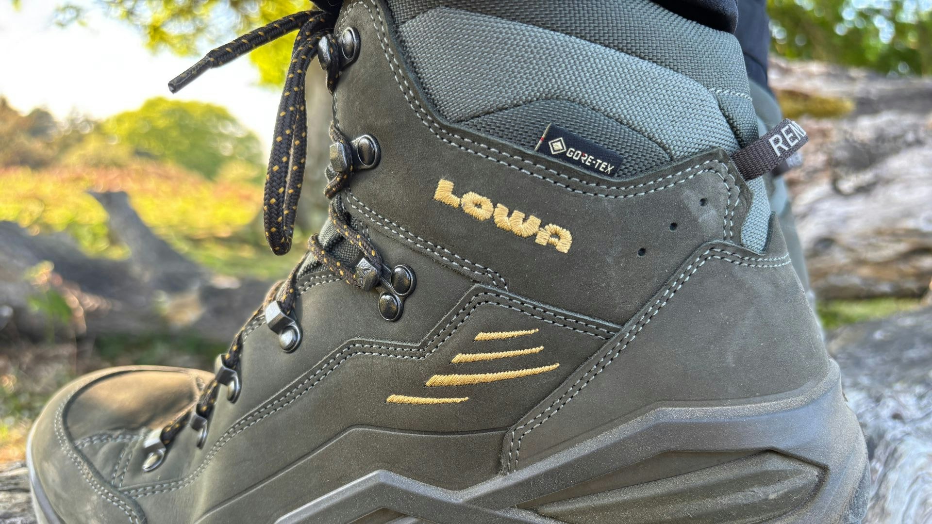 A close up of the Lowa logo on the Renegade Evo GTX boots