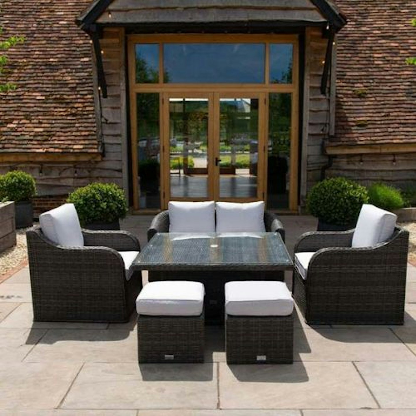 Classic Rattan 6 Seater Sofa Set with Rising Table in Stone