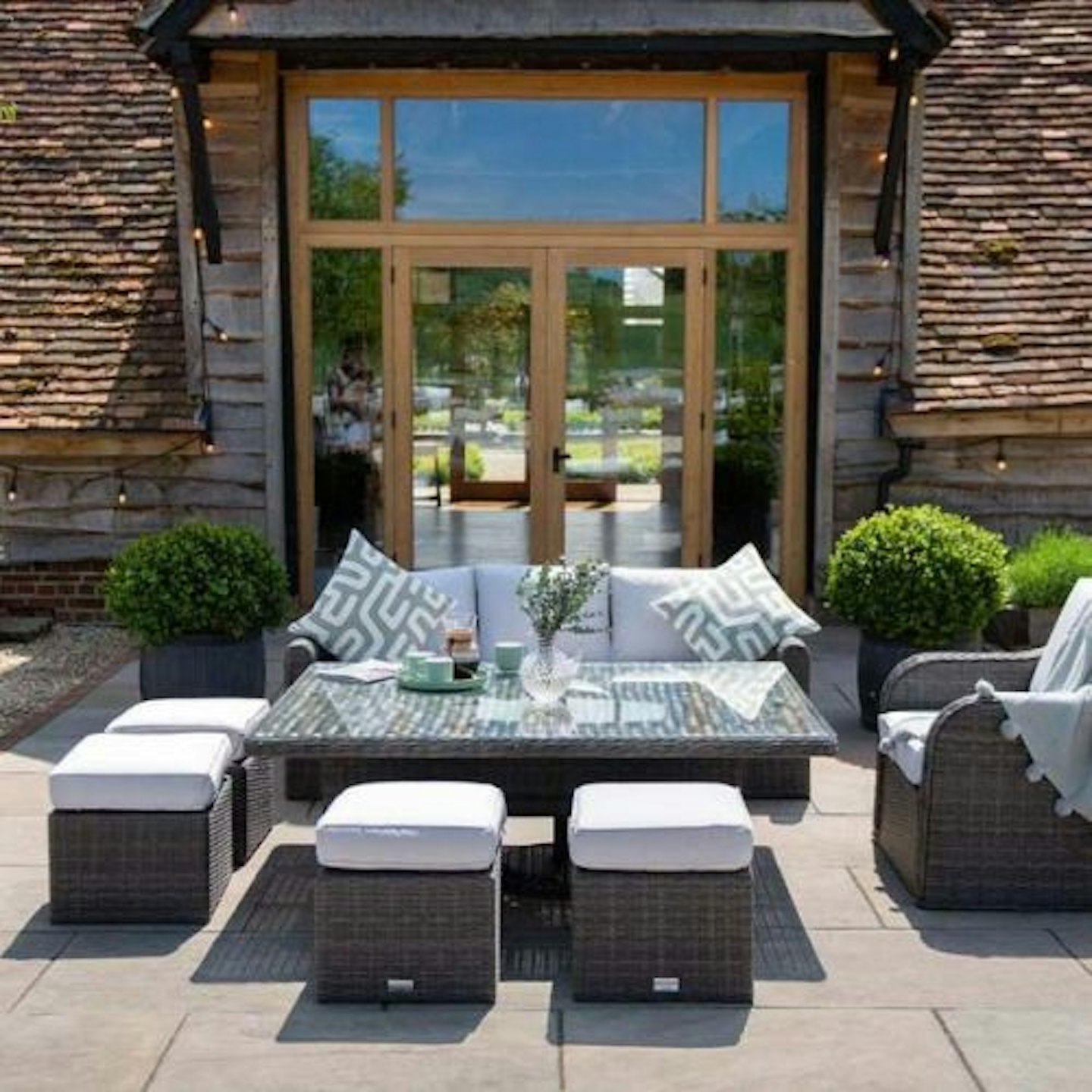 Classic Rattan 8 Seater Sofa Set with Rising Table in Stone