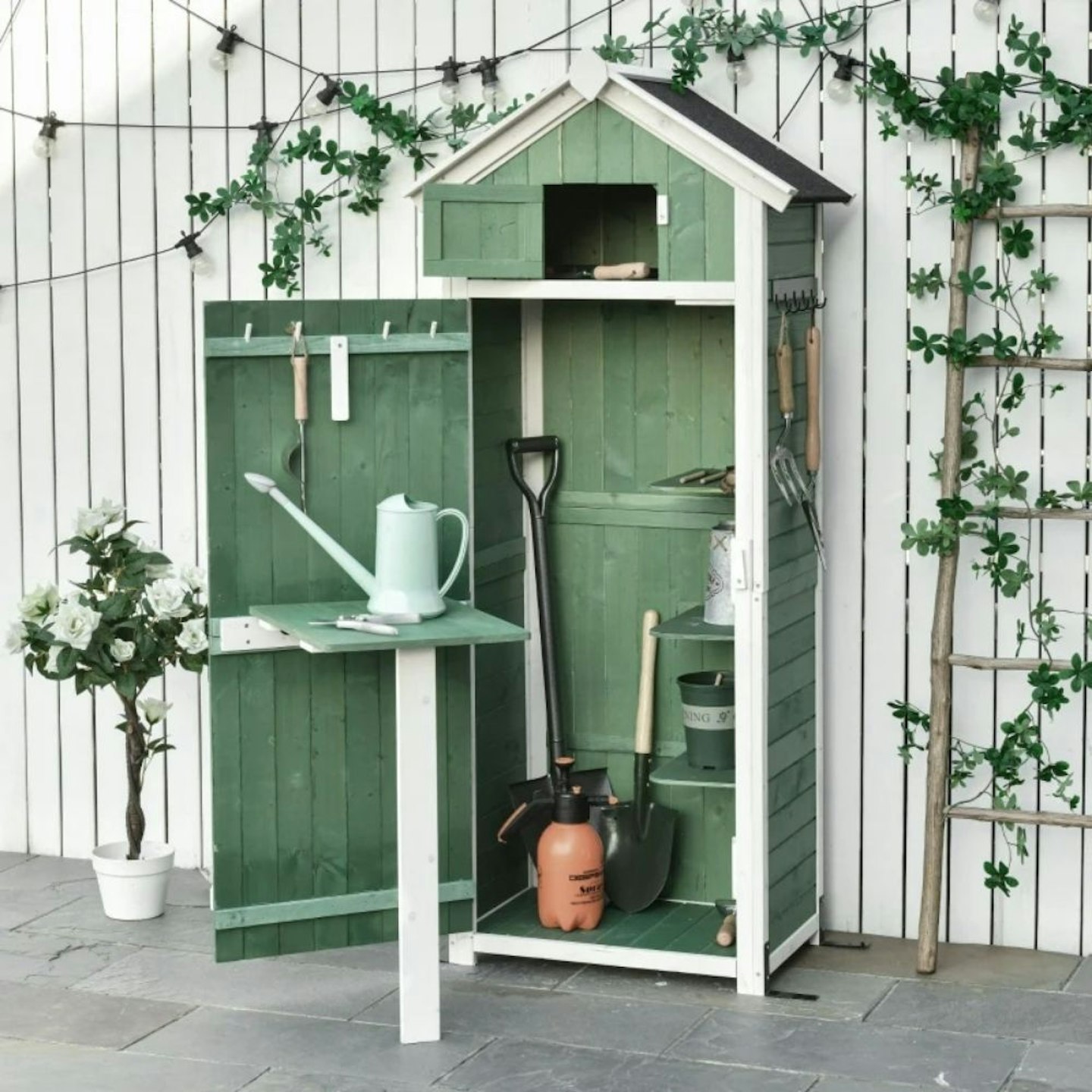 Outsunny Garden Wood Storage Shed with Workstation