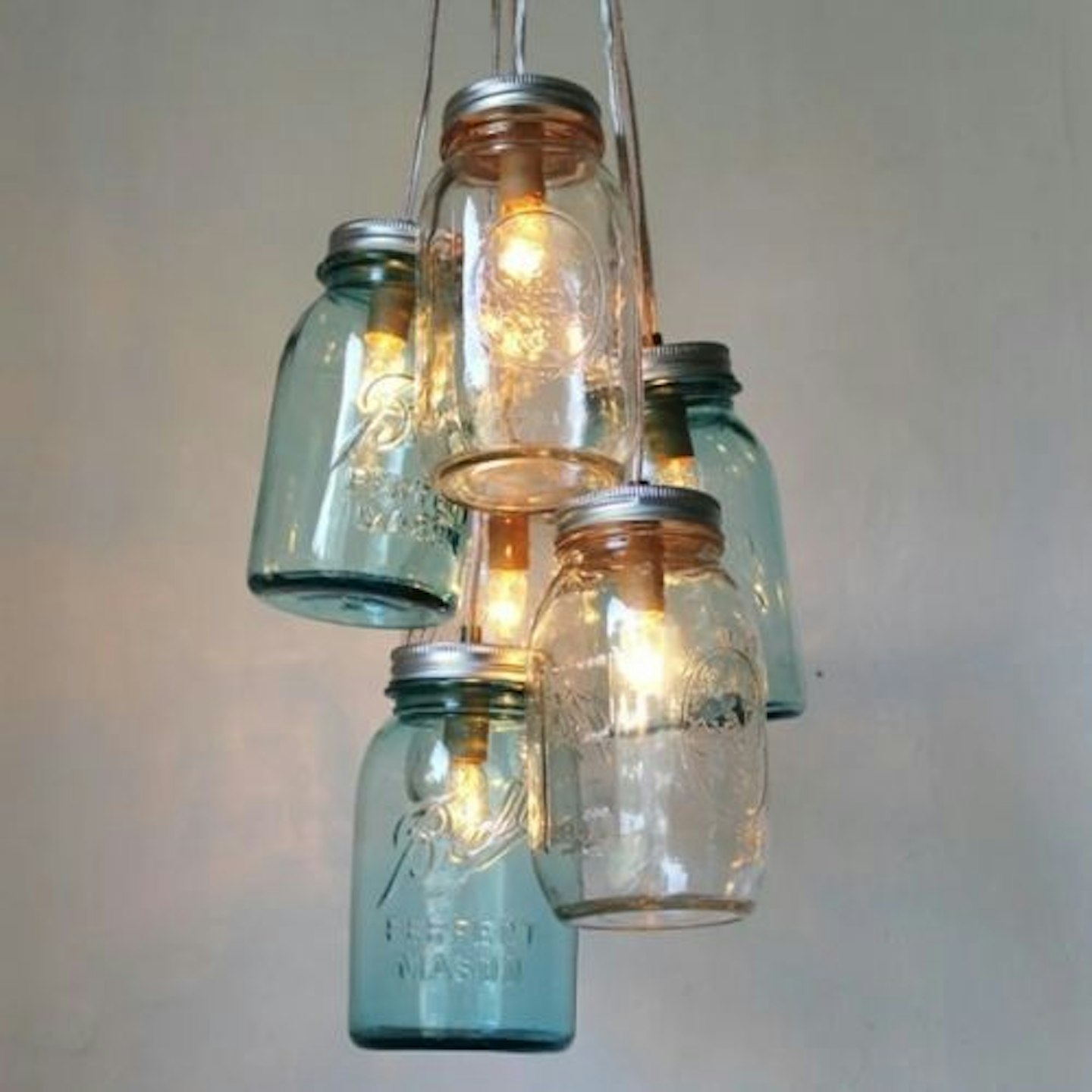 Ocean Sapphire Mason Jar Chandelier, 6 Clustered Blue & Clear Quart Jars, Modern Farmhouse Hanging Pendant Lighting Fixture, Bulbs Included