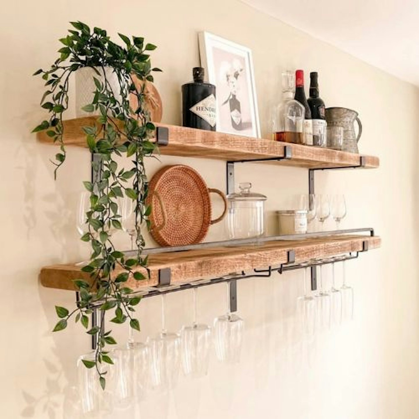 2 x Shelves with Double Wine Glass Holder and Steel Bar
