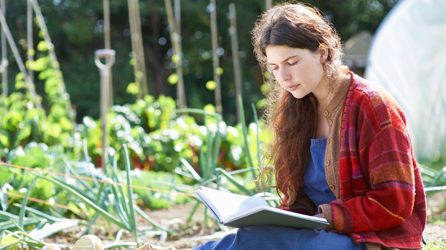 A woman reading a book on an allotment