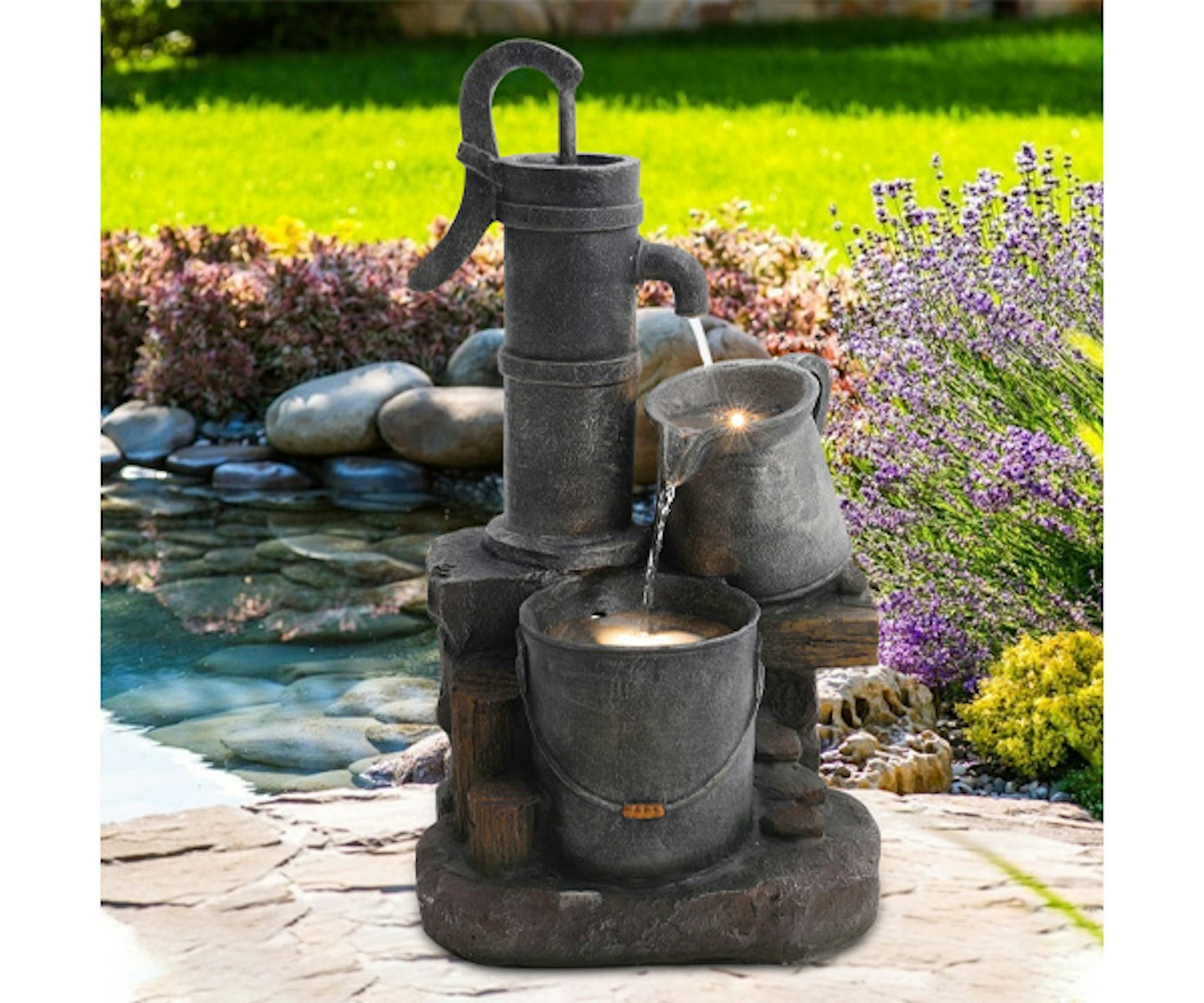 Outdoor Water Feature Polo Fountain LED Warm Light Resin Statue Garden Decor