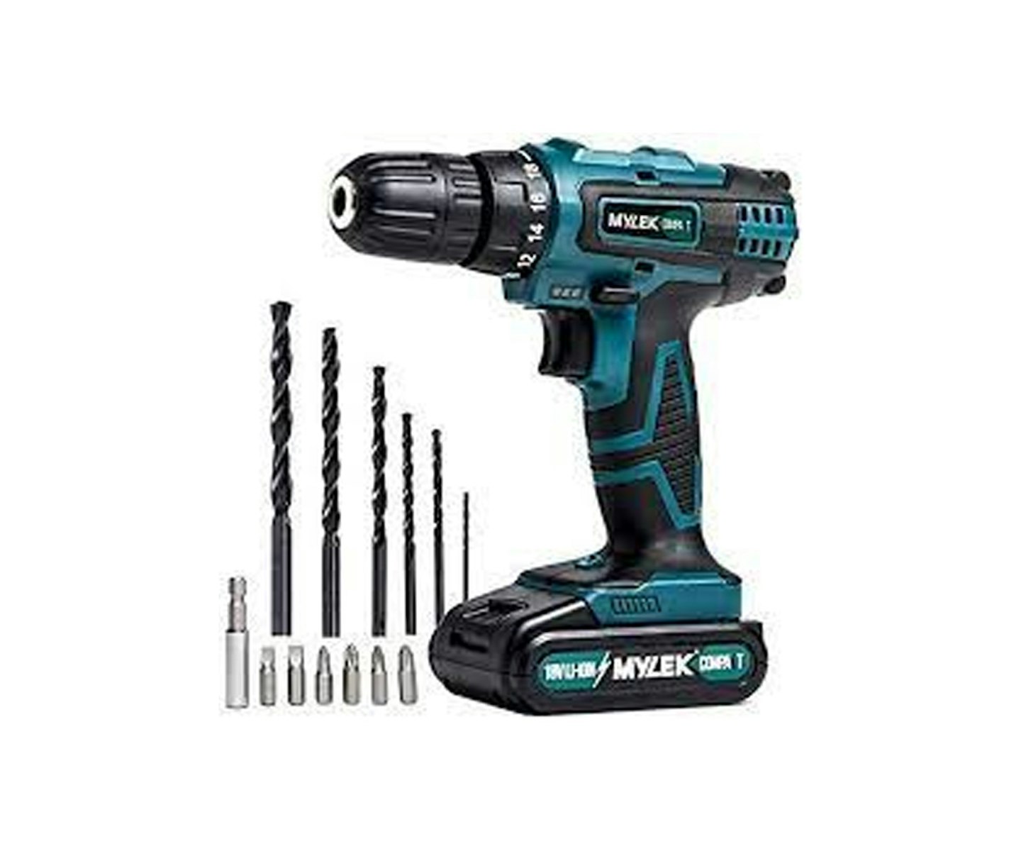 mylek 18v cordless li-ion drill and screwdriver set with 13 piece accessory kit