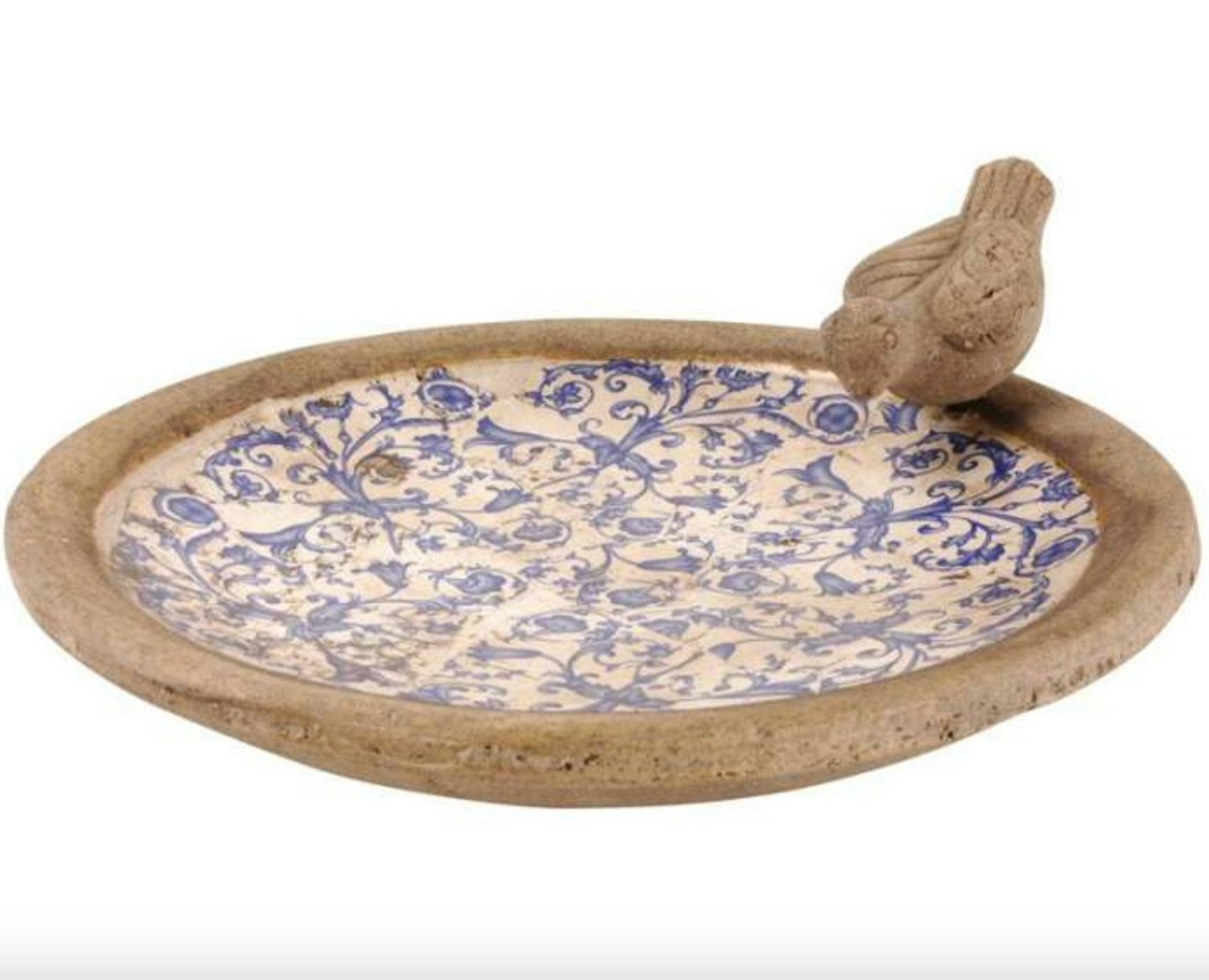 Aged Ceramic Bird Bath with Bird Detail