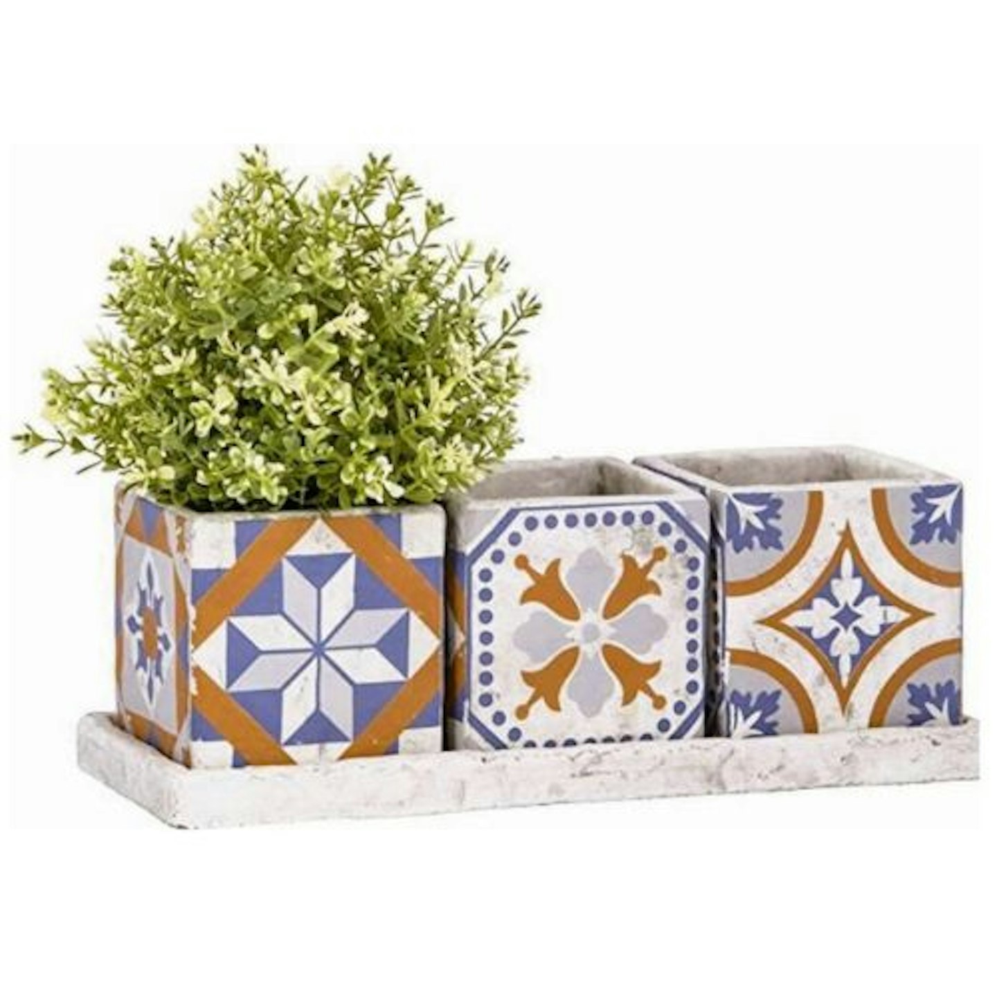 Portuguese Tiled Three Square Pots On Tray
